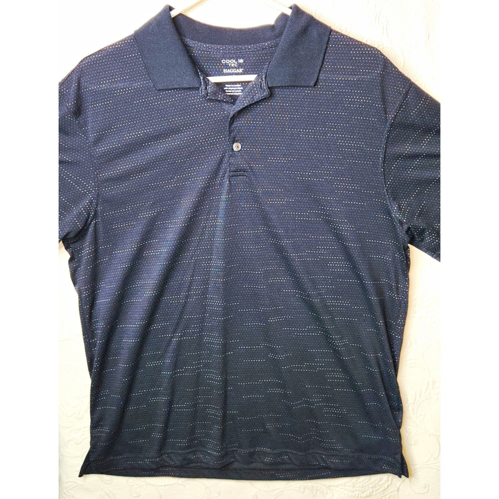 Haggar Cool 18 Tec Men's M Blue Dotted Short Sleeve Collared Button Knit Polo